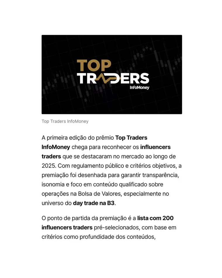 Mat&eacute;ria do pr&ecirc;mio Top Traders InfoMoney